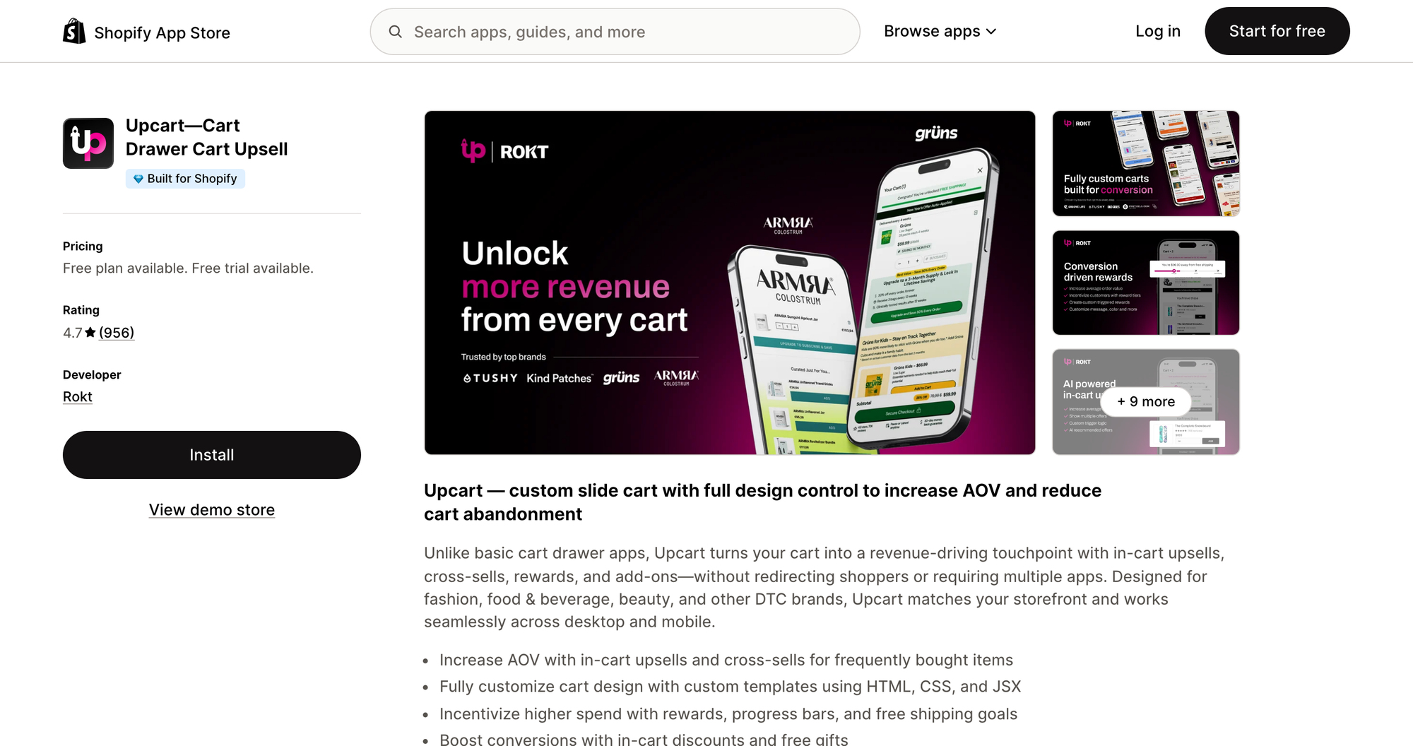 Upcart—Cart Drawer Cart Upsell listing on the Shopify App Store