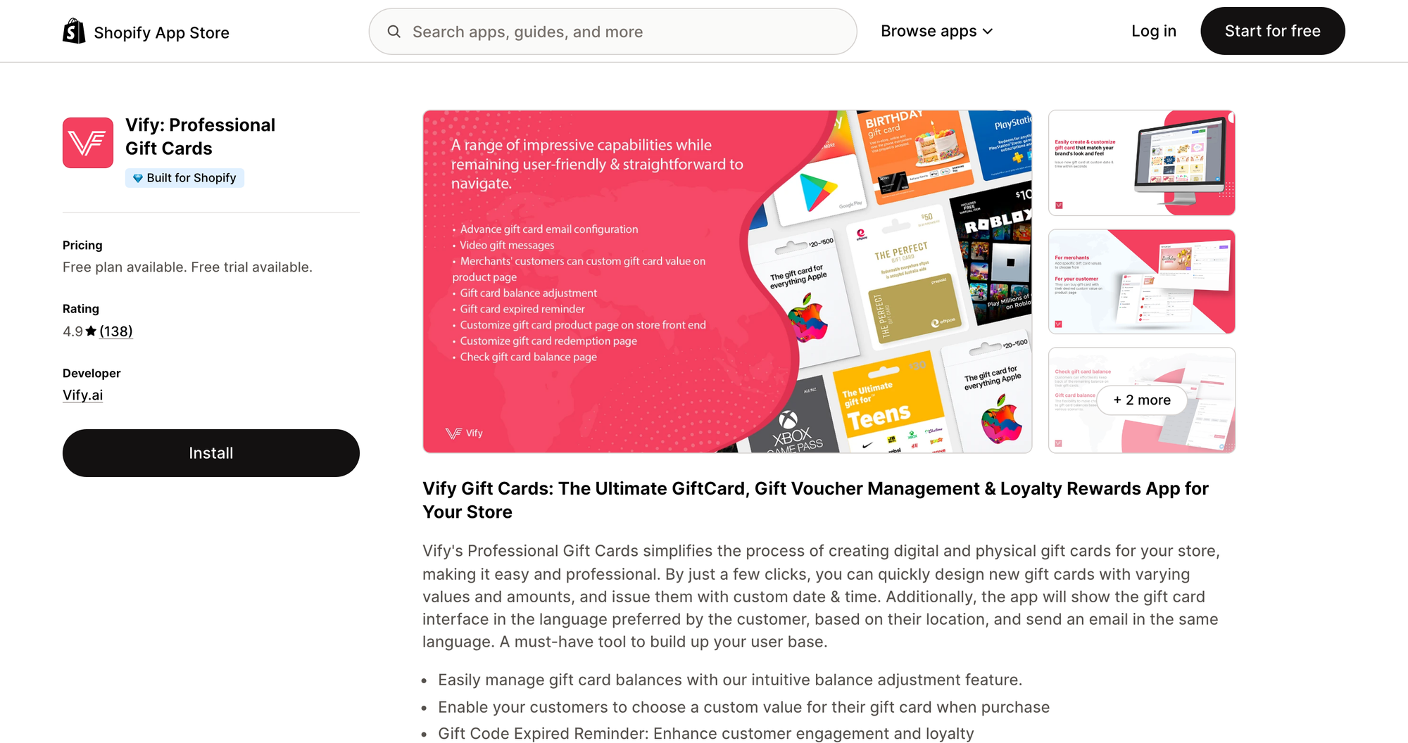 Vify: Professional Gift Cards listing on the Shopify App Store