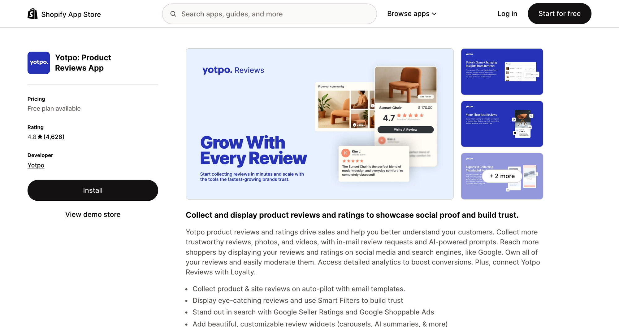 Yotpo Product Reviews listing on the Shopify App Store