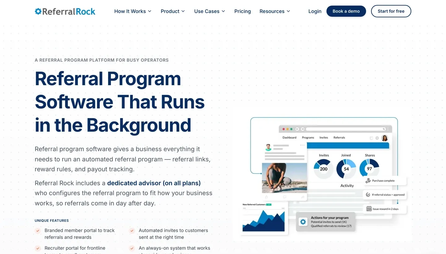 Referral Rock homepage: referral program software that runs in the background, with a dedicated advisor on all plans