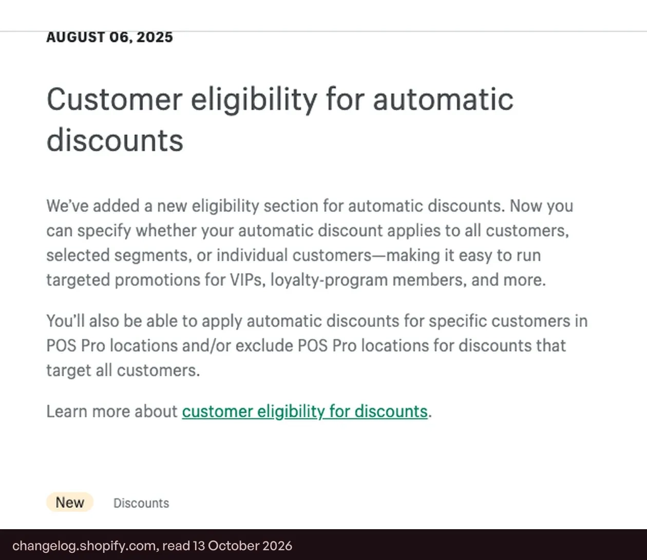 Screenshot of Shopify's changelog entry on customer eligibility for automatic discounts, dated 6 August 2025