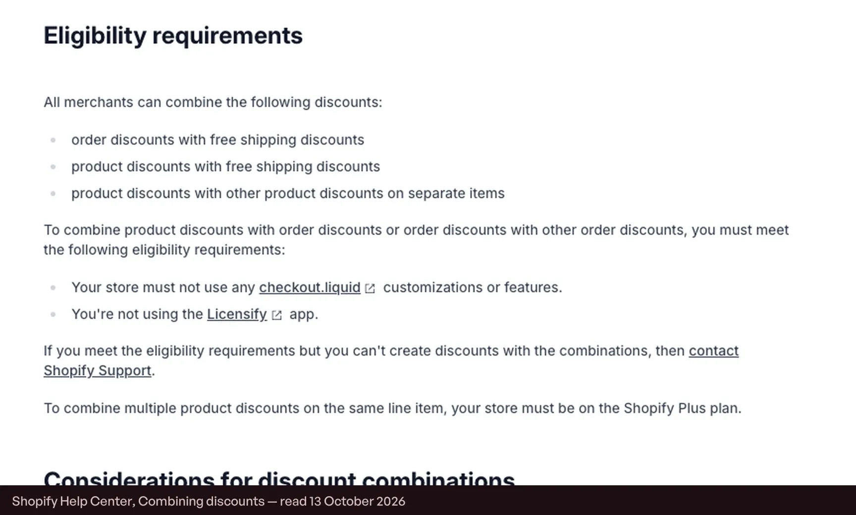Screenshot of Shopify's eligibility requirements for combining discounts