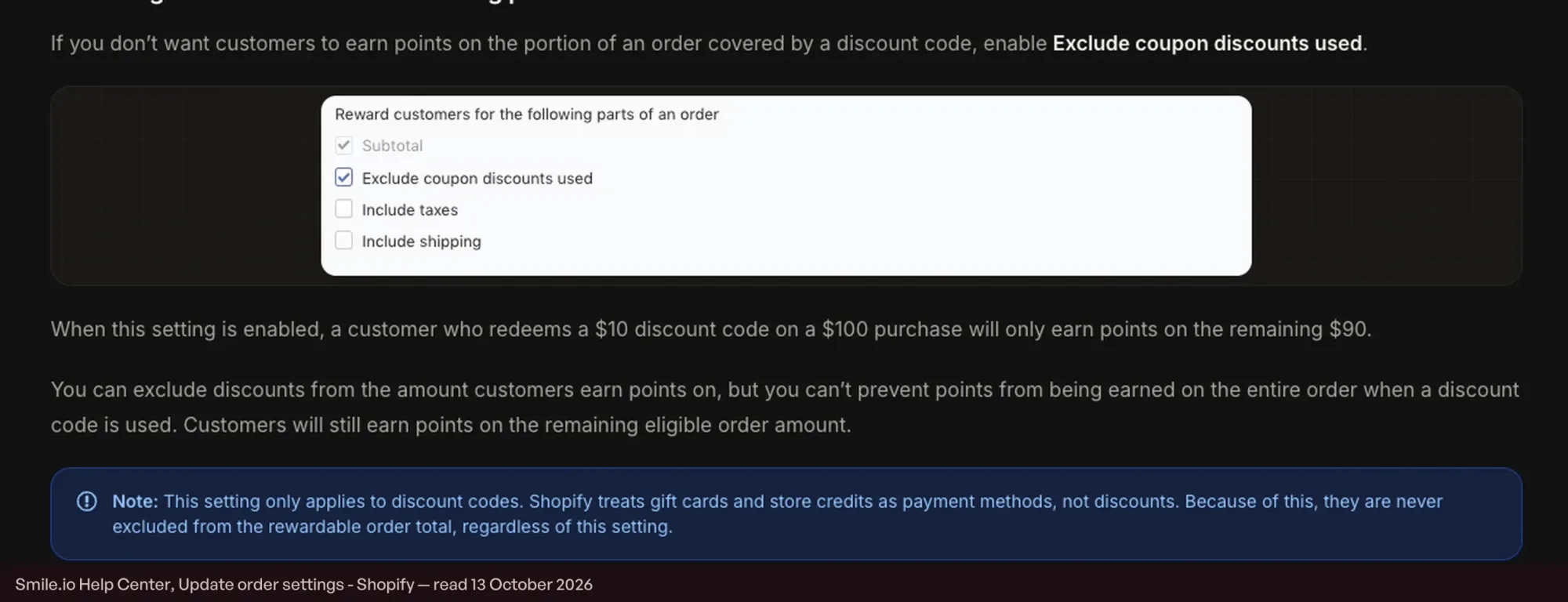 Screenshot of Smile's order settings showing the exclude coupon discounts toggle