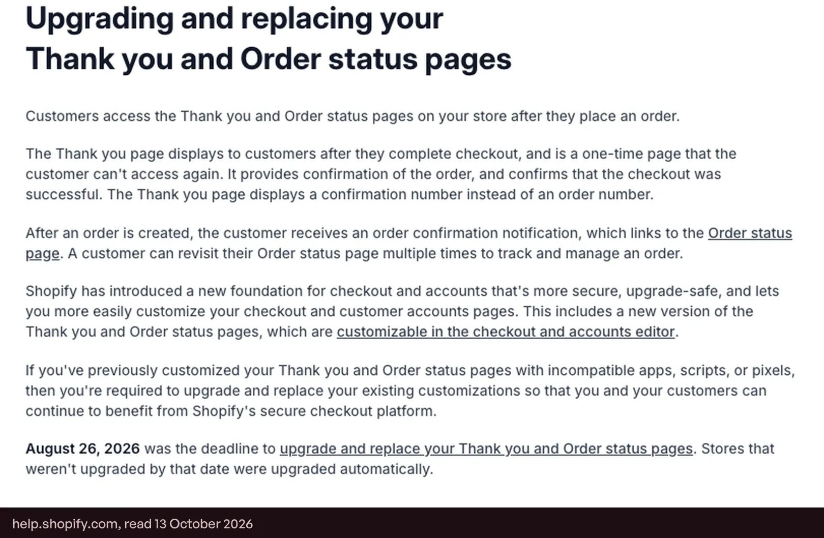 Screenshot of Shopify's page on upgrading the Thank you and Order status pages, showing the 26 August 2026 deadline
