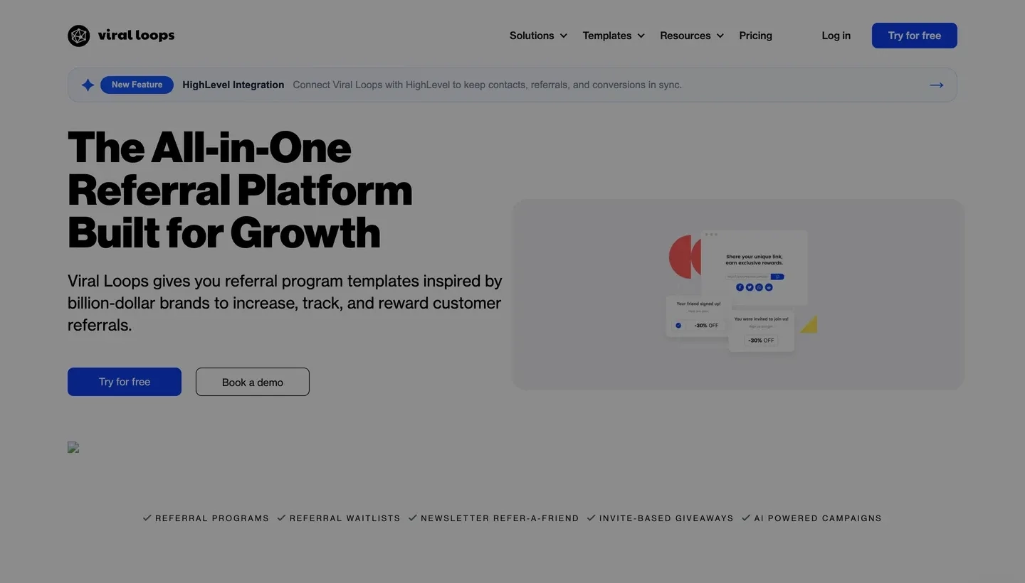 Viral Loops is the referral program software with templates inspired by well-known brands, showing referral link sharing and
