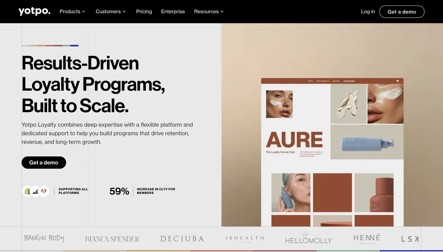 Yotpo Loyalty is the loyalty and referral platform, showing a mobile rewards example with VIP access and points redemption